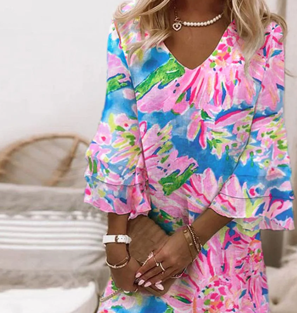 Sylvie - Ženska mini haljina u ružičastoj boji sa zvonastim rukavima