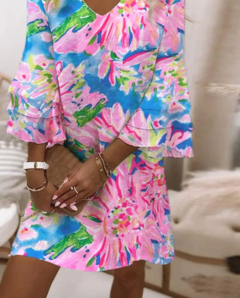 Sylvie - Ženska mini haljina u ružičastoj boji sa zvonastim rukavima