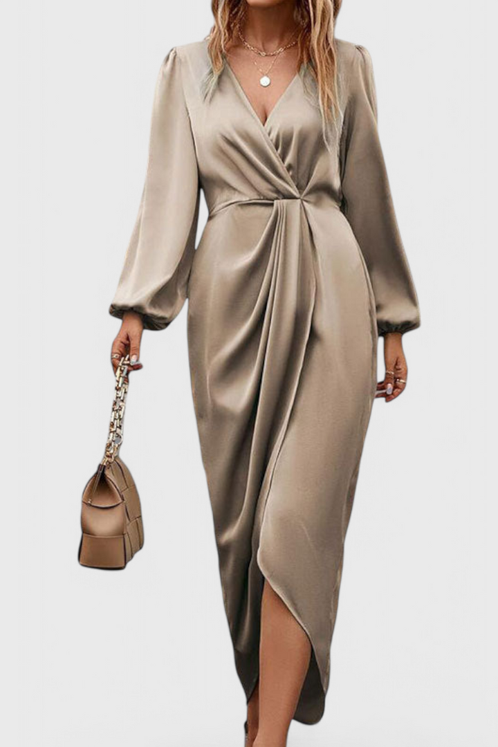 Andrea Elegantna Duga Haljina s V-Izrezom i Bočnim Raskorakom