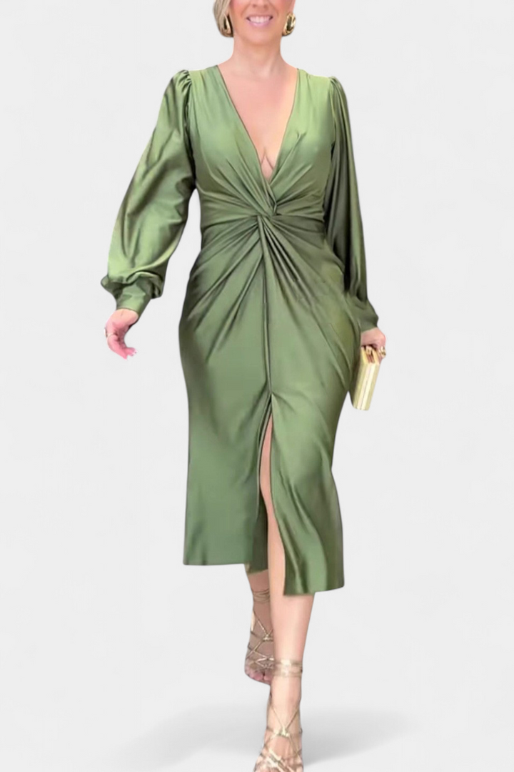 Lena Duga Haljina s Dugim Rukavima i V-Izrezom