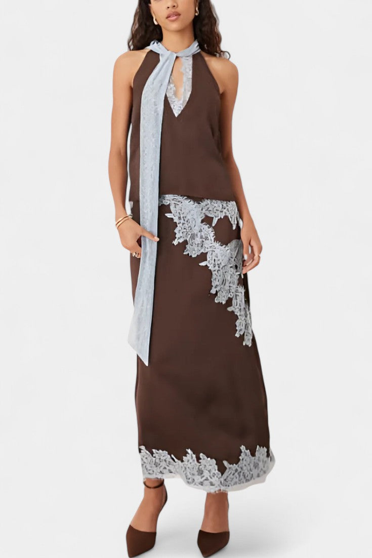 Dragica Set Topa i Suknje s Kontrastnim Čipkastim Panele