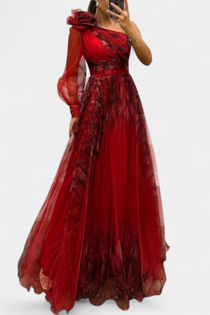 Natalija Maxi Haljina od Chiffona s Otkritim Ramenom i Voluminousom Ruzom