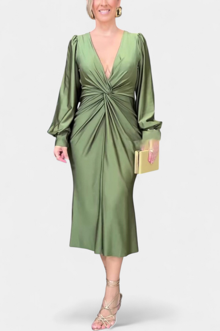 Lena Duga Haljina s Dugim Rukavima i V-Izrezom