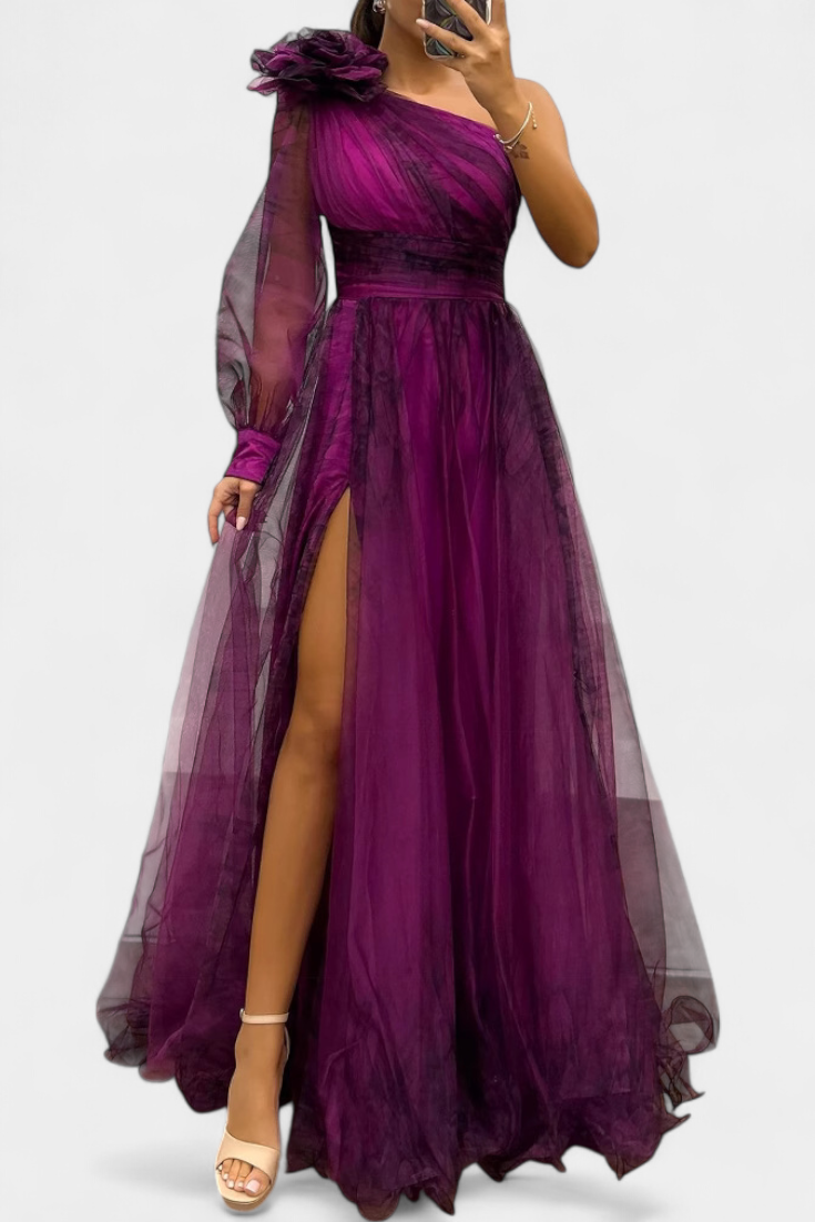 Natalija Maxi Haljina od Chiffona s Otkritim Ramenom i Voluminousom Ruzom